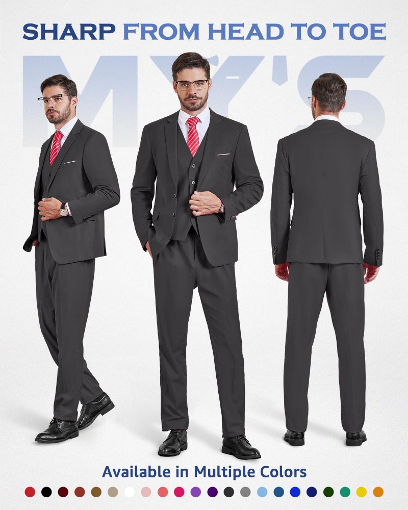 MYS MY'S Men's 3 Piece Slim Fit Suit Set with Tie, 2 Button Blazer Jacket Vest & Pants, Business Wedding Party Prom Suit for Men, Deep Grey X-Small - Image 2
